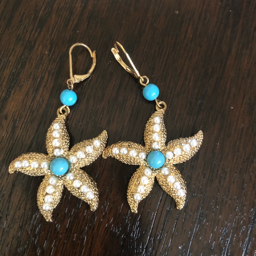 Unique starfish turquoise and gold earrings